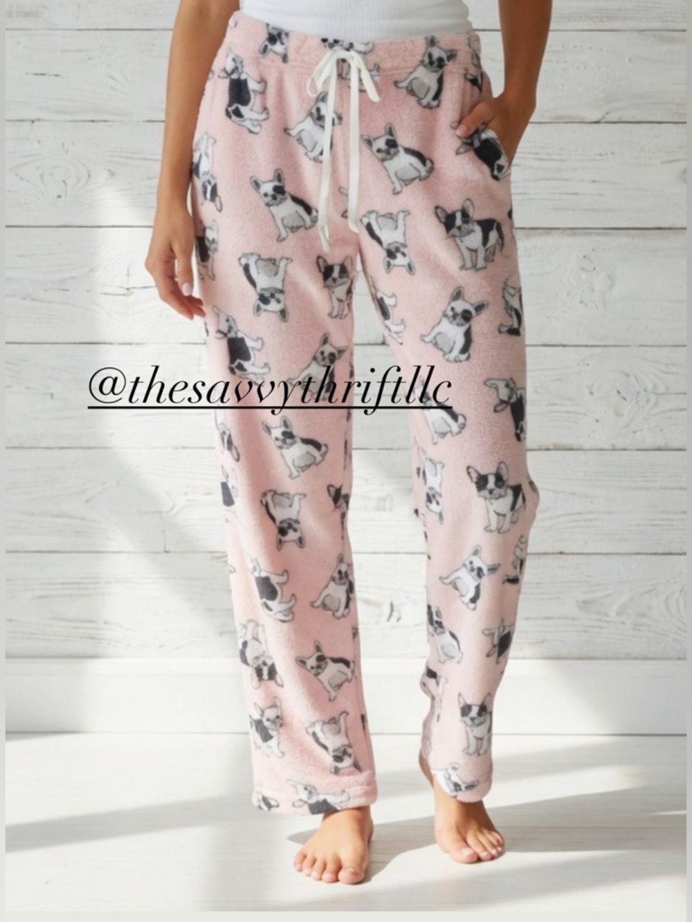 Pink French Bulldog Lightweight Fleece Bottoms / Pajamas Size XL